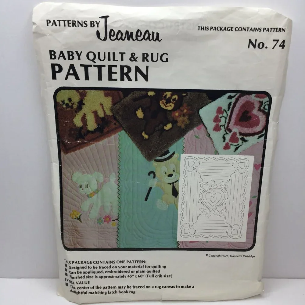 Vtg Patterns by Jeaneau Baby Quilt & Rug Pattern No 74 Embroidery Hearts Leaves